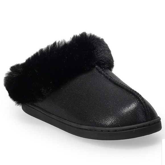 Cozy Shimery Black Lauren Conrad Women's Metallic Faux Fur-Lined Clog Slippers - Picture 1 of 5